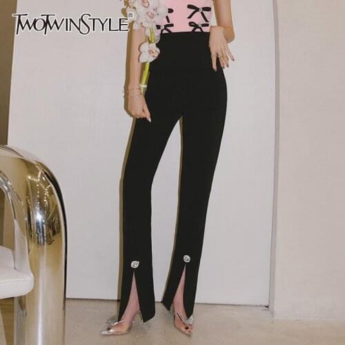 TWOTWINSTYLE Black Skinny Casual Pant For Women High Waist Pockets Side Split Solid Minimalist Pants Females Clothing 2021 Style