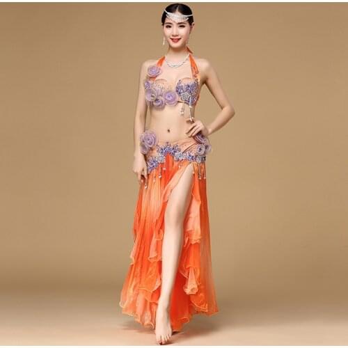 Women Dancewear Performance Egyptian Bellydance Clothes Outfit C/D Cup Maxi Skirt Orange Belly Dance Costume Set 2pcs