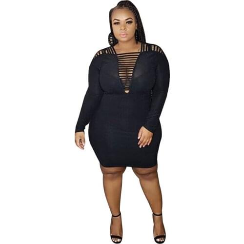 Plus Size Dresses Sexy V Neck Hollow Out Long Sleeve Mini Dresses 5XL 4XL Black Clubwear Party Bodycon Club Vestidos Streetwear