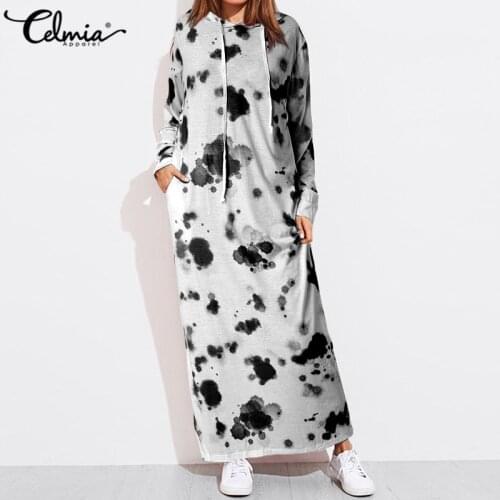 Celmia 2021 Winter Casual Hoodies Dress Women Long Sleeve Dresses Vintage Dye Printed Loose Hooded Maxi Long Vestidos Robe 7