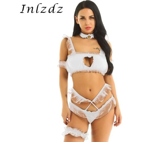 5Pcs Womens Lingerie Ruffled Cosplay Costume Set Sleeveless Short Tank Tops Briefs Underwear with Neckband Armbands and Leg Band
