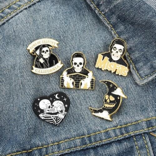 XEDZ Enamel Brooch Gothic Jewelry For Men Love Embrace Skeleton Ghost Fire Sickle Mask Star Moon Bone Pin Black Badge Lapel Pins