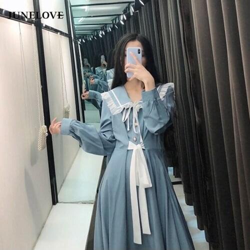 JuneLove Japanese Long Sleeve Autumn Dress French Retro Bow Peter Pan Collar Vestido Midi Lolita Robe Fairy Grunge Party Dress