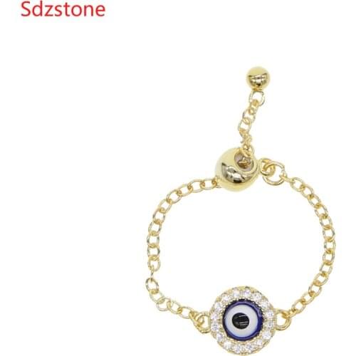 Adjustable size cz blue enamel evil eye gold wide engagement band rings for lady women party gift finger jewelry classic ring