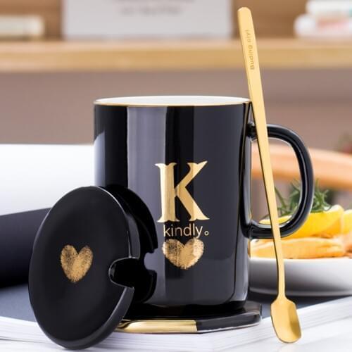 SPSCO 400ml Creative Gold Finger Printing Black Ceramic Coffee Mug Tea Cup With Gold Handle as Gift with Lid and Spoon