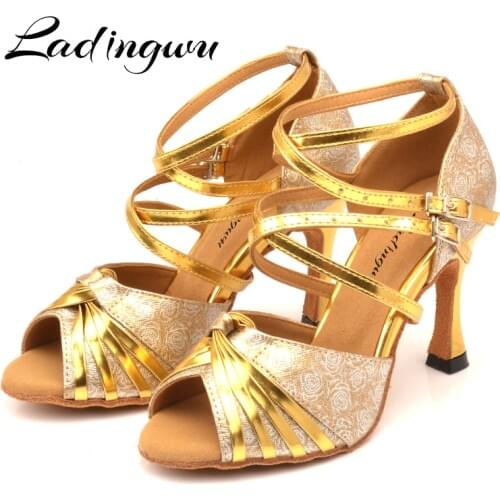 Ladingwu Latin Dance Shoes Women Rose print PU Ballroom Dance Shoes Double cross belt Dance Shoes Salsa Classic Design