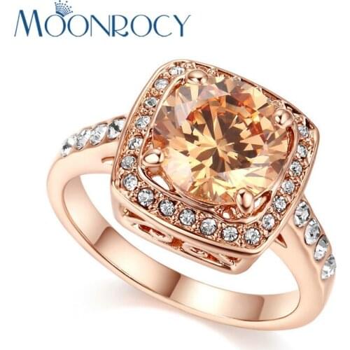 MOONROCY Silver Color Cubic Zirconia Champagne Crystal CZ Wedding Rings Party Finger Square for Women Girls Gift Drop Shipping