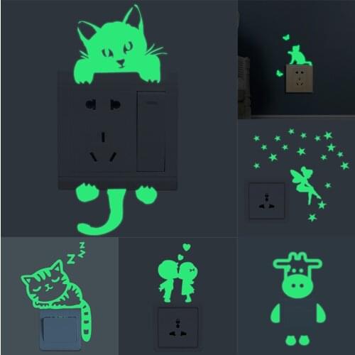 Cartoon Luminous Switch Sticker Glow In The Dark Cat Sticker Fluorescent Fairy Moon Stars Sticker Kid Room Decoration Home Decor