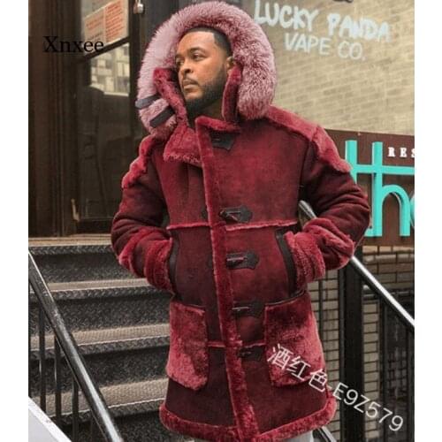 New Winter Mens Fashion Long-Sleeved Fur Solid Color Thick Warm Loose Large Size Coat Mens Hooded Jacket