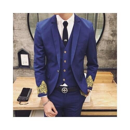 Latest Coat Pant Designs Blue Purple Pattern Men Suit Slim Fit 3 Piece Prom Tuxedo Custom Suits Groom Blazer Terno Masculino GH8