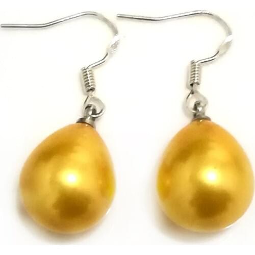 Wholesale 12x16mm Yellow Raindrop South Sea Shell Pearl 925 Sterling Silver Hook Earring