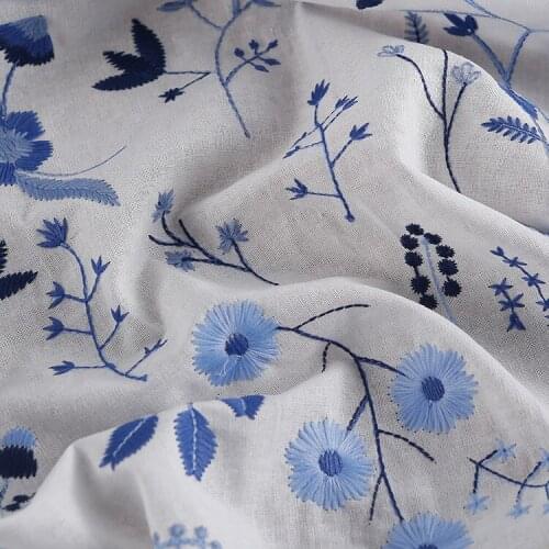 Ramie cotton blue flower embroidered white cloth farbic Chinese Hanfu dress table cloth decorative cloth