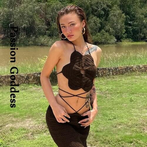 Sexy Cute Women Knitted Petal Crop Tops Sleeveless Slim Bandage Halter Tank Vest Bustier Hollow Out Cropped Top Y2k Girls Summer