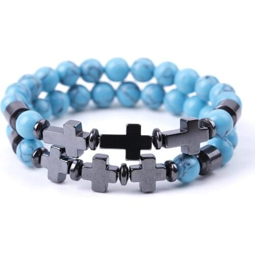 Synthetic 8mm Kallaite Stone Beads Hematite Cross Bracelets Women Men Jewelry Gift Yoga Party Jewelry Drop Shipping
