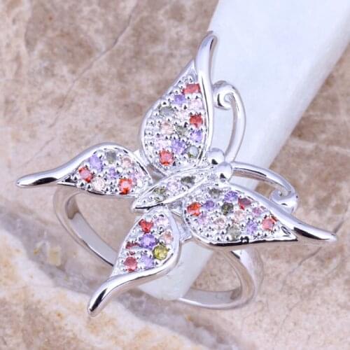 Fabulous Multicolor Red Garnet Silver Plated Womens Butterfly Jewelry Ring Size 6 / 7 / 8 / 9 R1263