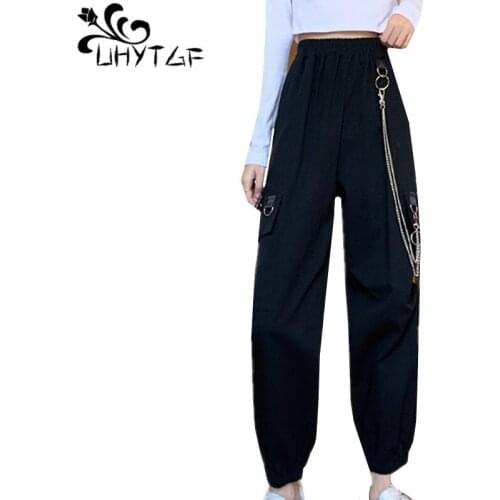 UHYTGF casual cargo pants women Korean high waist loose plus size sports pants female black trend elegant summer trousers 1214