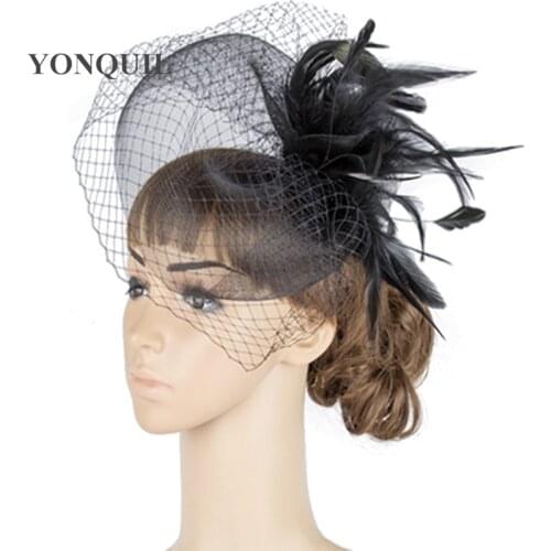 Vintage Black Crinoline Fascinator Headwear Feather Bridal Veils Party Show Hair Accessories Millinery Gril Cocktail Hat MYQ044