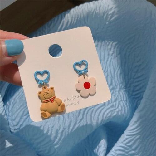 ​ZDMXJL New Funny Cartoon Women Earring Cute Heart Little Bear Flower Asymmetrical Earrings Jewelry Accessories Gifts Wholesale