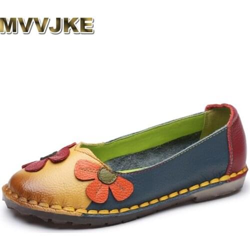 MVVJKE Summer Autumn Fashion Flower Design Round Toe Mix Color Flat Shoes Vintage Genuine Leather Women Flats Girl Loafer