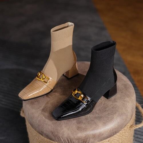 2021 Women Shoes Genuine Leather Square Toe Modern Heels Women Boots ANKLE Boots Thick Heel Square heel sock Stretch boots