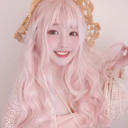 Women Long Curly Hair Japanese Anime Lolita Princess Elf Party Cosplay Costume Girl Korean Pink Wig Carnival Performance Costume