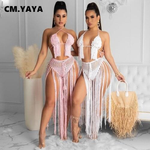 CM.YAYA Knit Beach Womens Set Halter Crop Tops and Tassel Splicing Panties Crochet Matching Two Piece Set Sexy Swimsuit Outfits