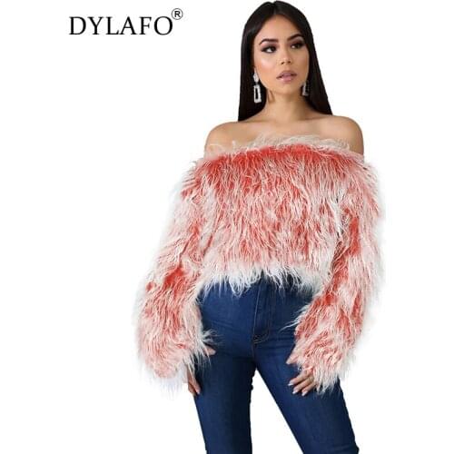 2019 Sexy Off Shoulder Faux Fur Crop Top Sweater Women Tassel Women Tops Long Sleeve Loose Casual Pullover Sweetwear Outfits