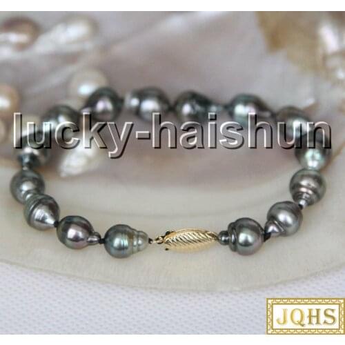 AAA natural 13mm oval drip Baroque black Tahitian pearls bracelet 14K clasp c24