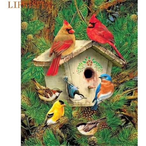 Diamond Painting Cross Stitch Full Square Round Picture of Rhinestone DIY Mosaic Embroidery Bird House New Year Gift