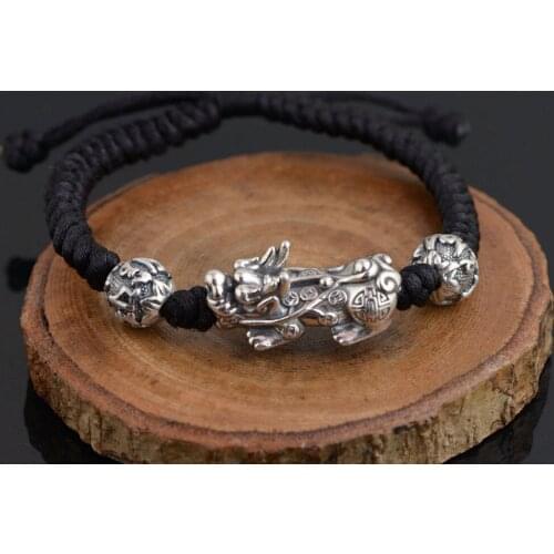 Real 999 Sterling Silver Pixiu Bracelet for Men Adjustable Size Classic Rope Chain Thai Silver Beads Bracelets Fine Jewelry Gift