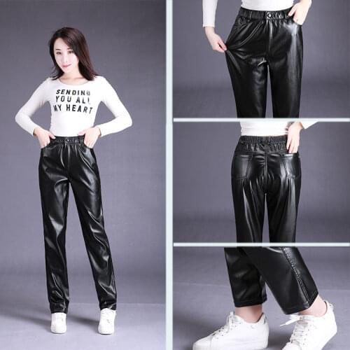 Idopy Fashion Womens Black Faux Leather Pants Waterproof Autumn Spring Casual Office PU Soft Faux Leather Trousers For Female