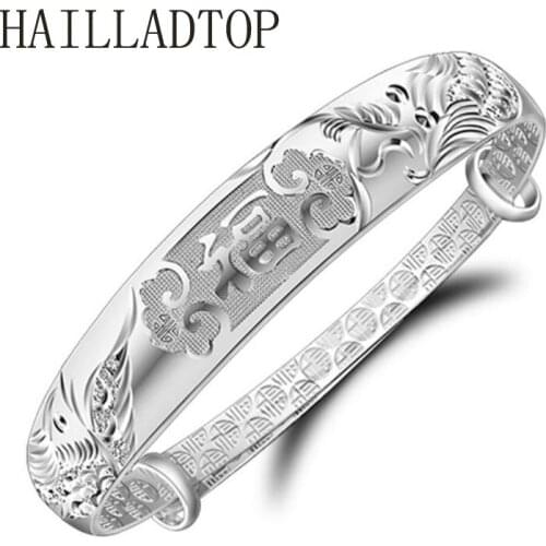 Fine Silver Jewelry Wholesale Dragon Blessing Bracelet Silver Colour Bracelets Bangles Women Fashion Jewelry Womens Accessories