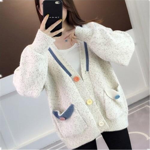 Women Knitted Cardigan Spring Autumn Clothing 2021 Korean Fashion Loose Outer Explosion Thickened Long-Sleeve Sweater Coat Femme