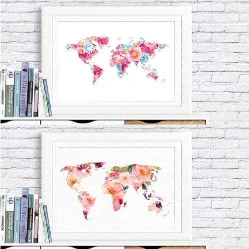World Map Poster and Prints Girls Room Abstract Wall Art Decor Watercolor Floral World Map Artwork Wall Pictures Canvas Painting