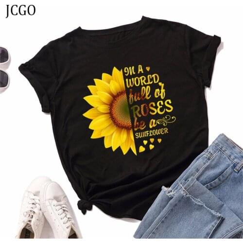 JCGO Summer Women T Shirt S-5XL Plus Size Cotton Flower Floral Print Short Sleeve Women Tees Top Casual O-Neck Female TShirt