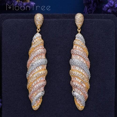 MoonTree 76mm Luxury Water Drop Full Mirco Pave Cubic Zircon 3Tone Color Dubai Wedding Copper Jewelry Dangle Earring Pendientes