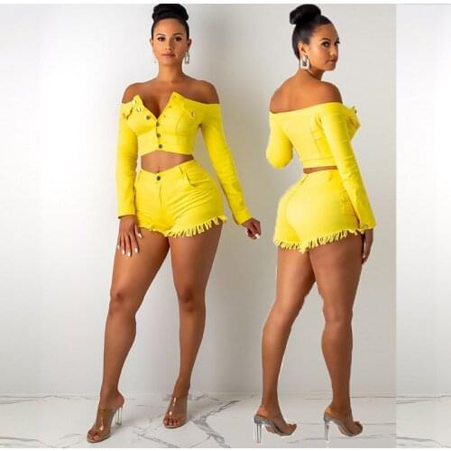 Summer Spring African Denim 2 Piece Set Womens Casual Plus Size Short Top + Tassel Short Jeans Fashion Streetwear Denim Set