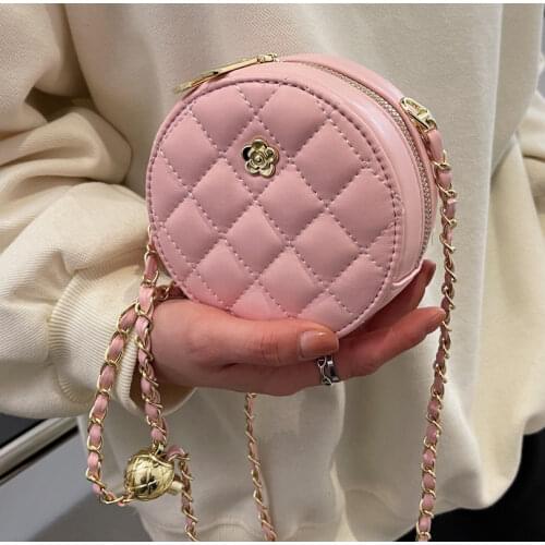 New Lingge chain slant span Camellia small round bag Classic fashion simple Pu womens Bag Girl round cosmetics mobile phone bag