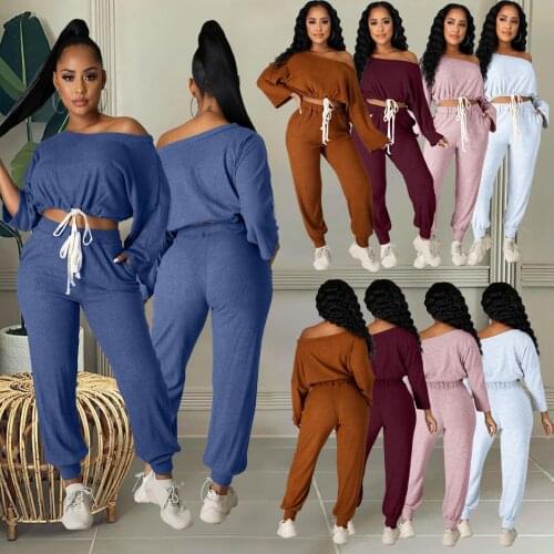Autumn Women Two Piece Set Slash Neck Shirt And Long Pants Solid Color Streetwear Matching Set For Women Outfit