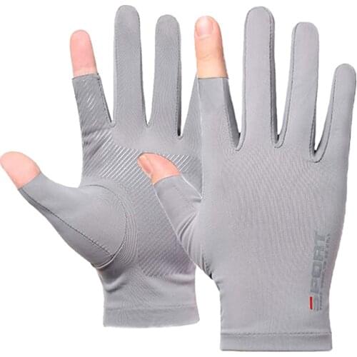 Summer Ice Silk Gloves Driving Cycling Men Highly Elastic UV Protection Sunscreen Anti-Slip Women Two-Finger Gray Gloves