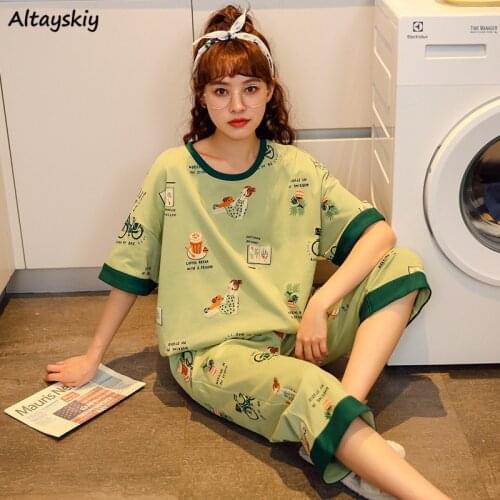 Pajama Sets Women Stylish Comfortable Sleepwear Ulzzang Feminine Casual Round Neck All-match Korean Style Summer Print Mujer Ins