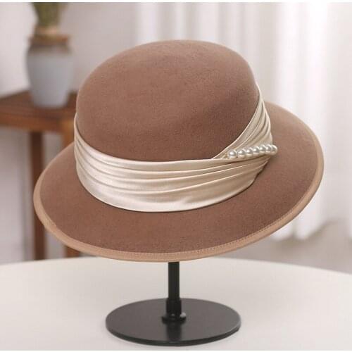 French100% Wool Fedora Hats For Women Autumn Winter British Ladies Hat Retro Wide Brim Jazz Hat Simple Church Derby Flat Top Hat