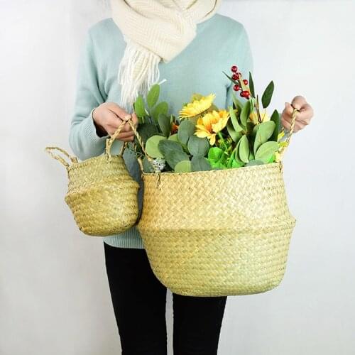 Foldable Natural Seagrass Woven Storage Basket Pot Garden Flower Vase Hanging Wicker Basket Home Garden Decoration