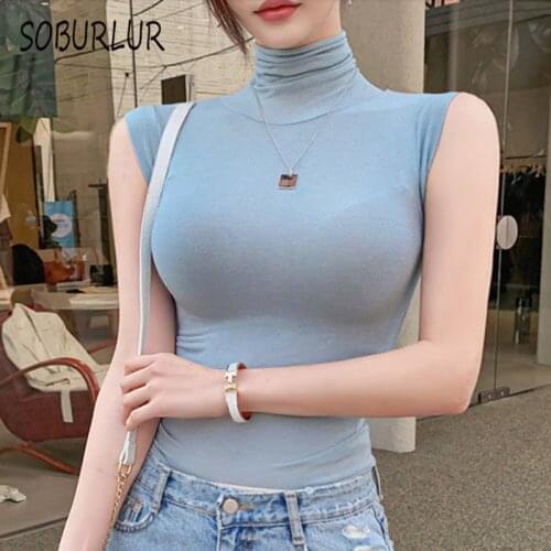 SOBURLUR Summer Basic Turtleneck Womens T-Shirts Sleeveless Sexy All-match Tunics Crop Top Woman Clothing Korean Fashion 7Color