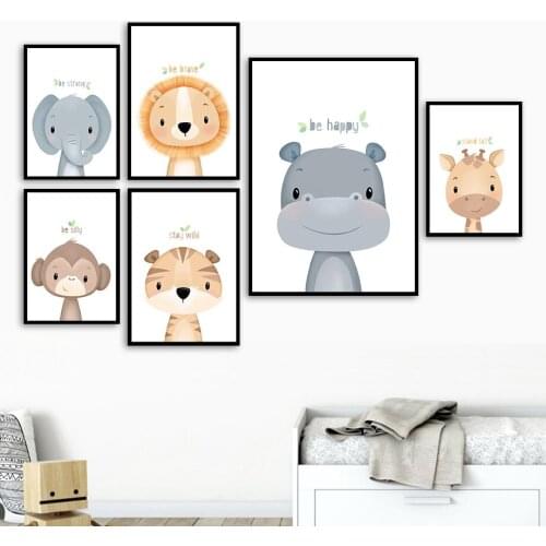 Tiger Lion Monkey Elephant Hippo Bear Nursery Wall Art Canvas Painting Nordic Posters And Prints Wall Pictures Kids Room Decor