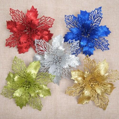 10pcs/pack Hot Glitter Artificial Flowers Christmas Tree Ornaments Decorations Christmas Decorations For Home Christmas Gifts