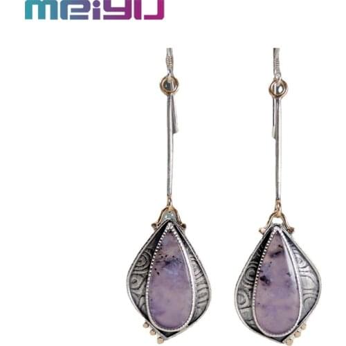 Exquisite Purple Chalcedony Earrings Creative Antique Silver Oxide Long Hanging Earrings Vintage Statement Fashion Jewelry Gift