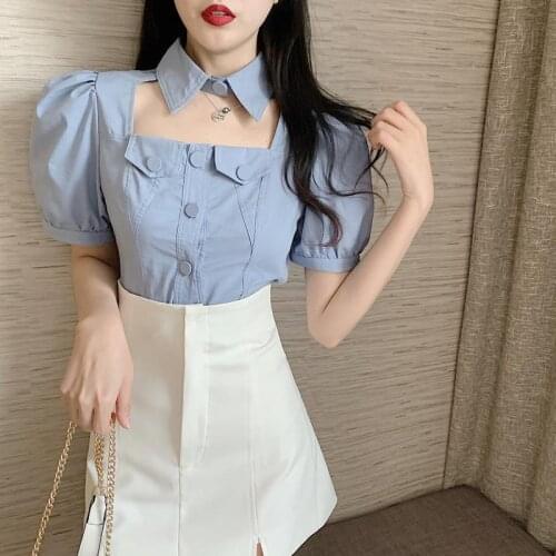 Women Blouse Polo Collar Hollow Summer Salt Series Short Puff Sleeve Top Blusas Ropa De Mujer