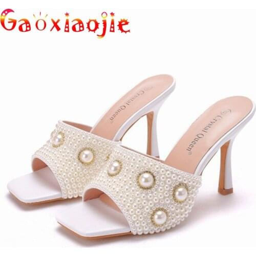 Gaoxiaojie Summer Pearl Slippers Temperament Celebrity Women Fashion Square Toe High Heel Sandals Lady Party 9CM Stiletto Shoes