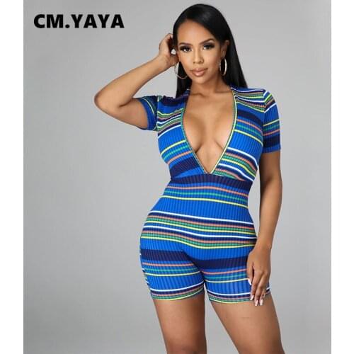 CM.YAYA Women Playsuit Colorful Striped Deep V-neck Sheath Elastic Bodycon Playsuits Fashion Womens Rompers Summer Overalls